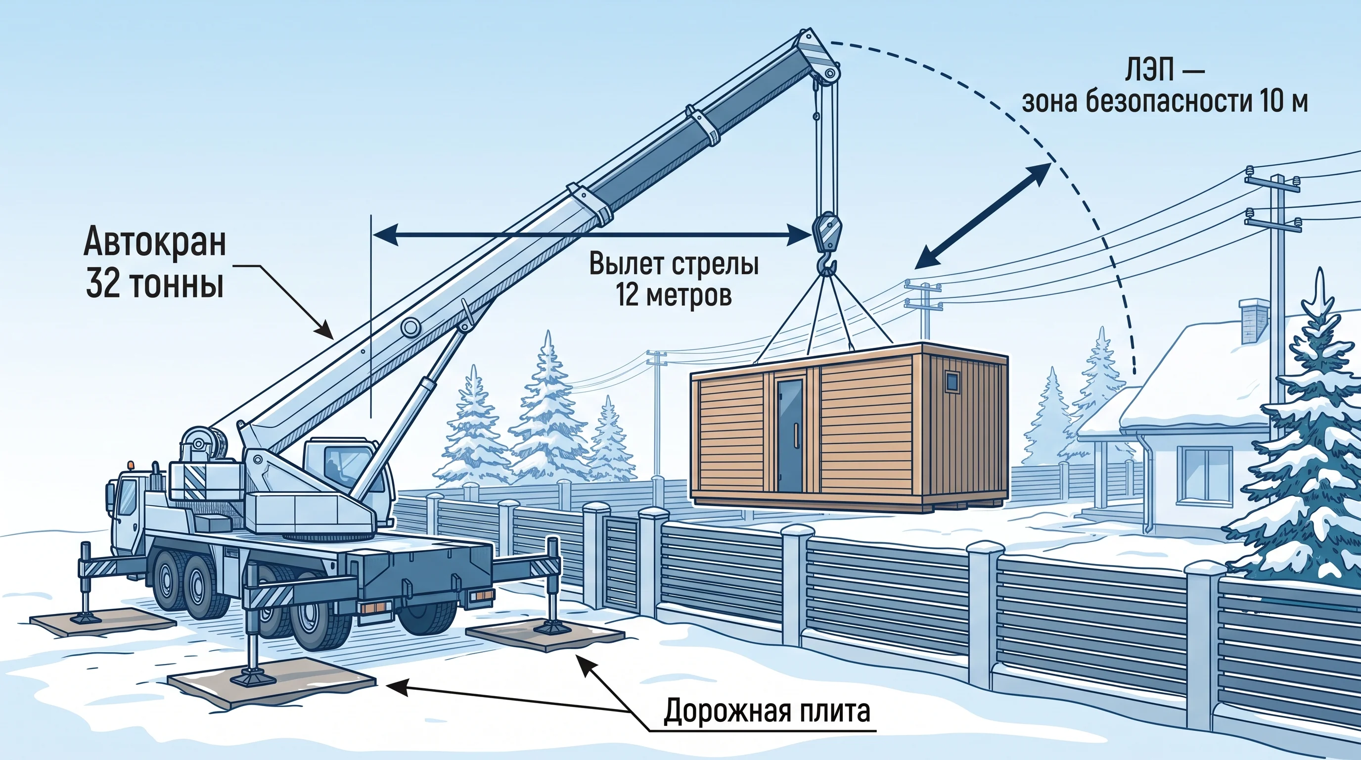 Инфографика кинематики автокрана: вылет стрелы, расстояние до забора, охранная зона ЛЭП и плиты под опоры