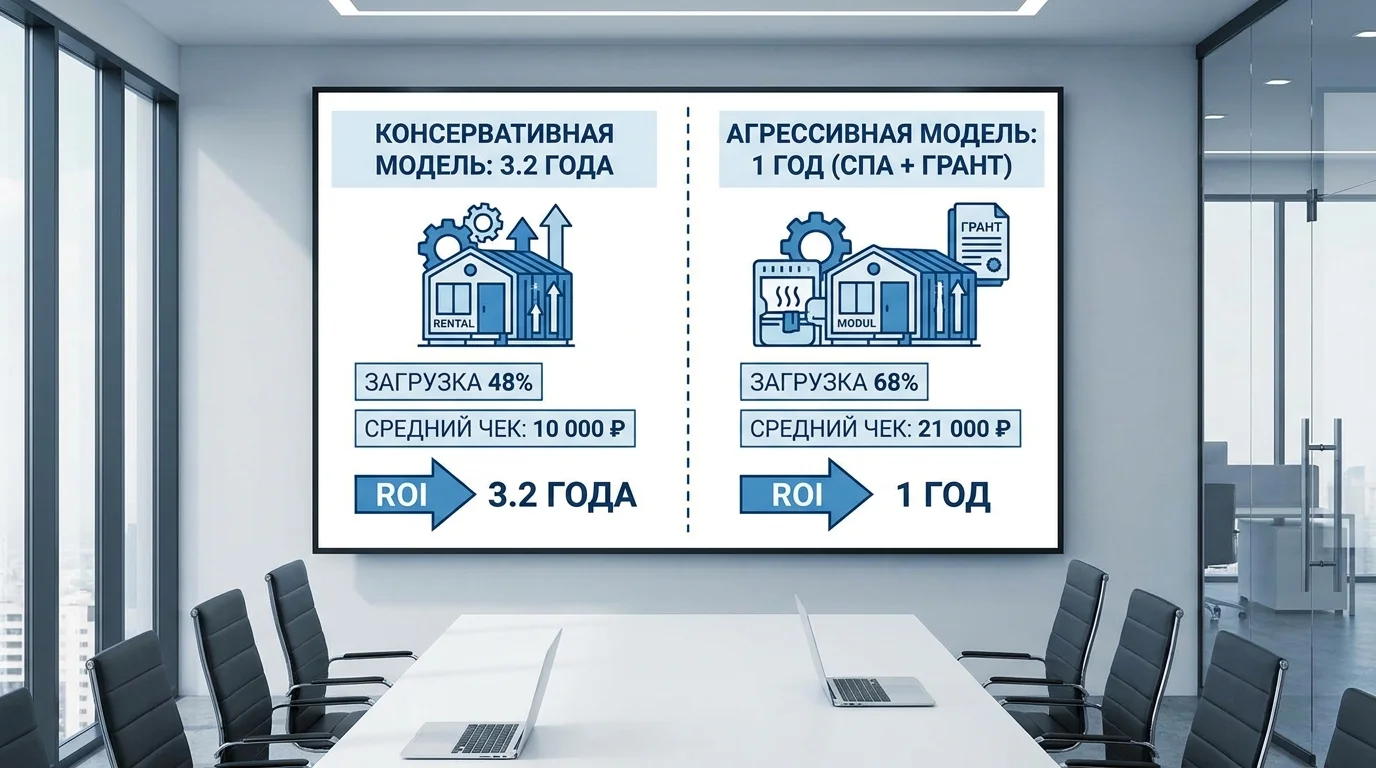 Схема-диаграмма сравнения двух финансовых моделей окупаемости модульного дома: консервативная модель 3,2 года против агрессивной модели 1 год