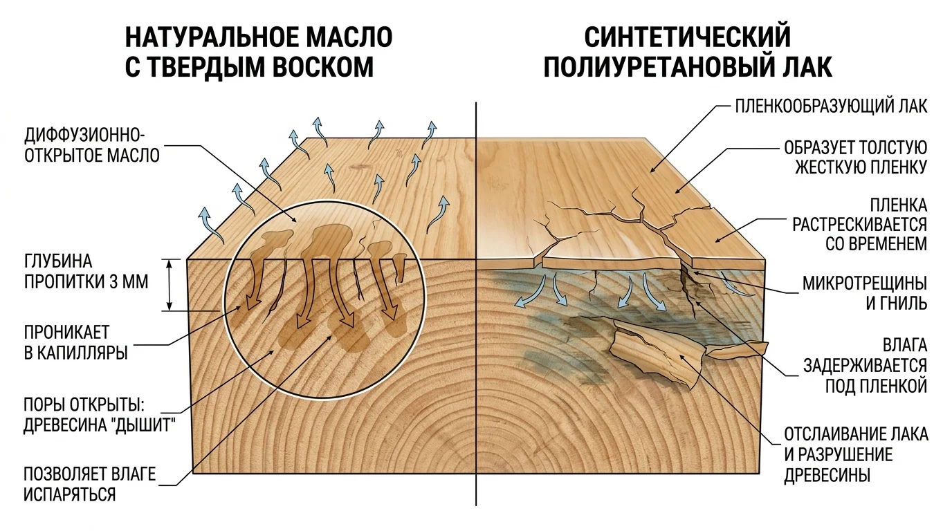 Инфографика: капиллярное впитывание диффузионно-открытого масла против микротрещин и шелушения пленкообразующего лака